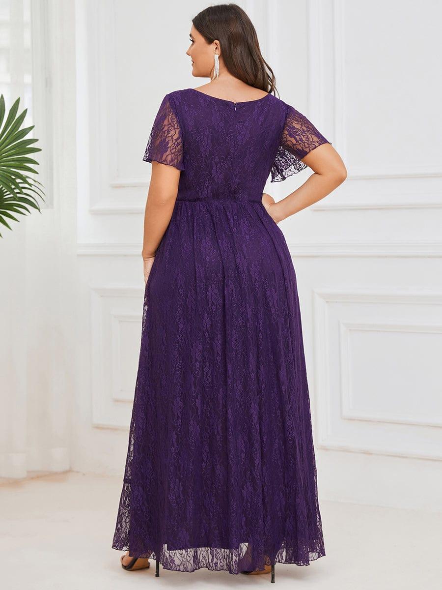 Cute Plus Size Ruffled V-Neck A-Line Lace Wedding Guest Dress with Short Sleeves