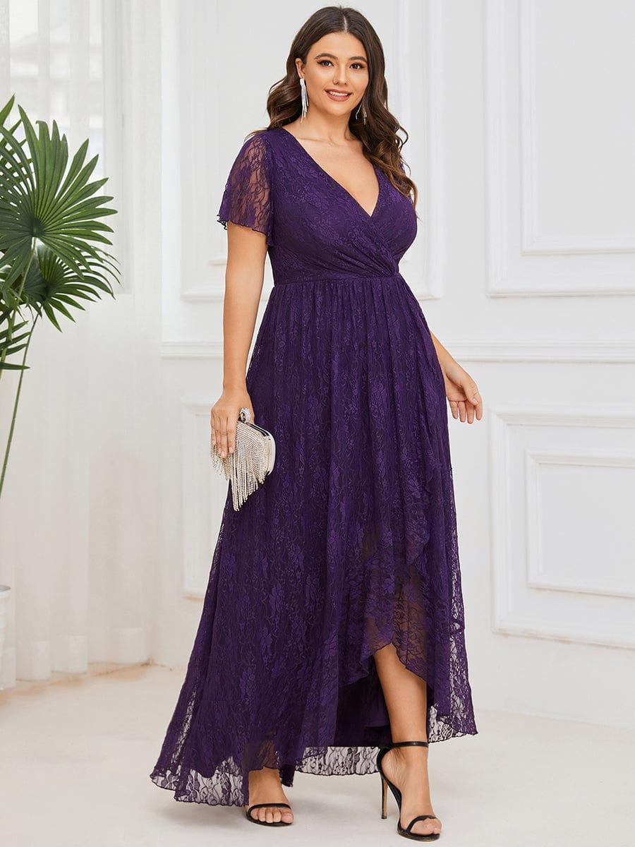 Cute Plus Size Ruffled V-Neck A-Line Lace Wedding Guest Dress with Short Sleeves