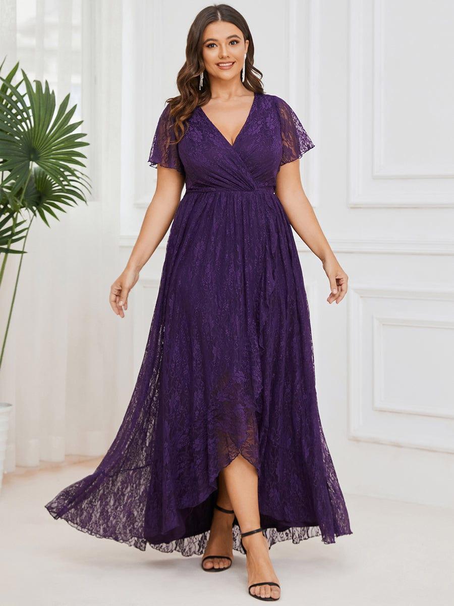Graceful Plus Size A-Line Lace Formal Evening Dress with Sleeves
