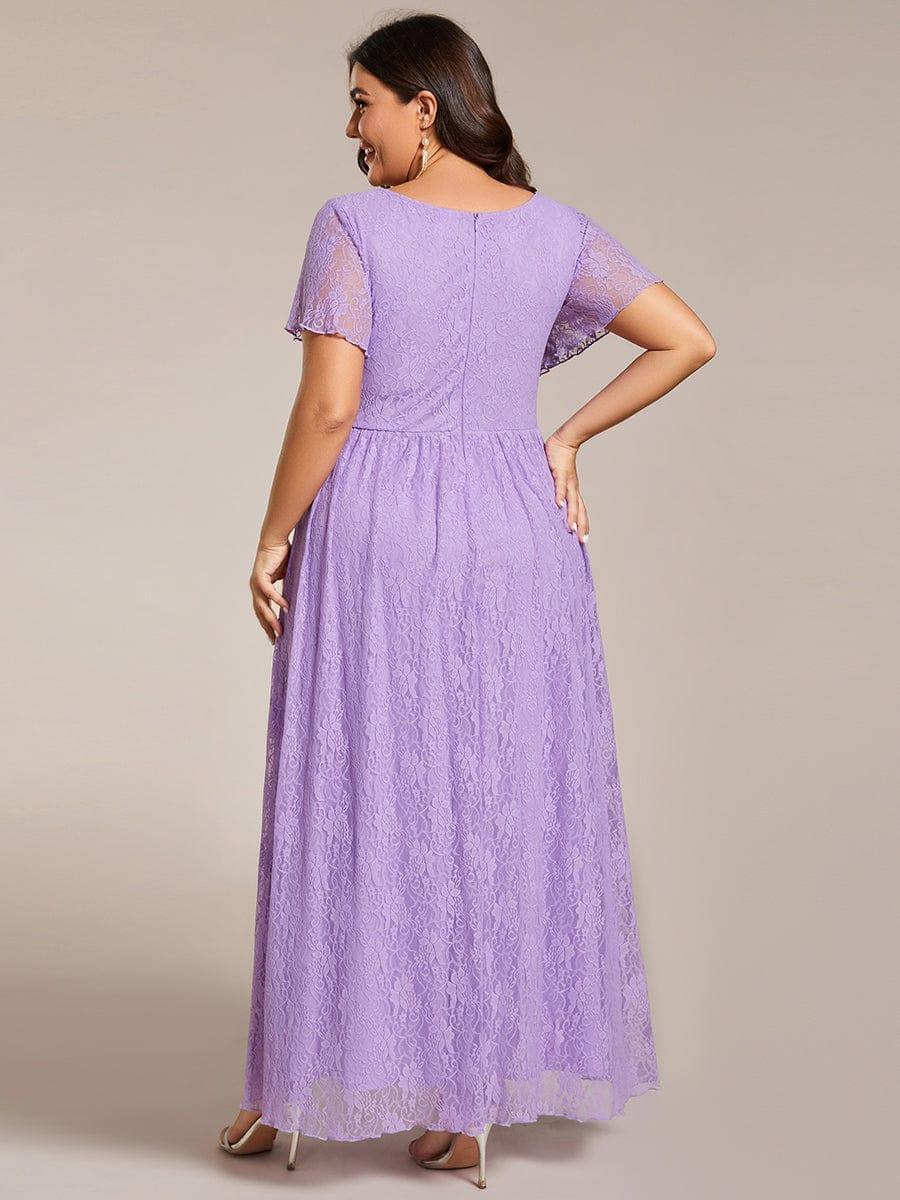 Cute Plus Size Ruffled V-Neck A-Line Lace Wedding Guest Dress with Short Sleeves