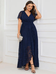 Cute Plus Size Ruffled V-Neck A-Line Lace Wedding Guest Dress with Short Sleeves