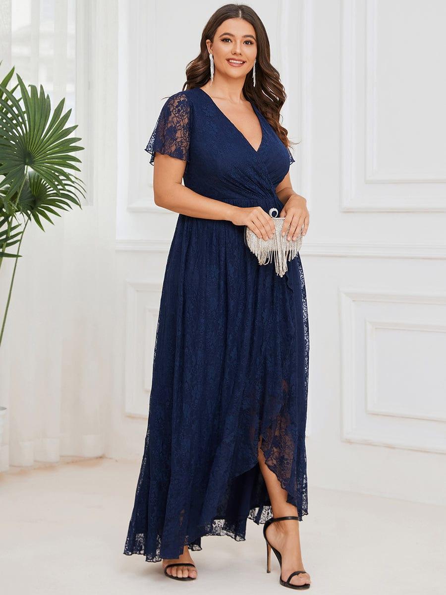 Cute Plus Size Ruffled V-Neck A-Line Lace Wedding Guest Dress with Short Sleeves