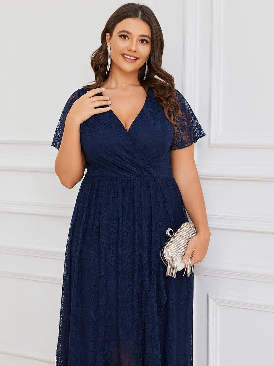Cute Plus Size Ruffled V-Neck A-Line Lace Wedding Guest Dress with Short Sleeves