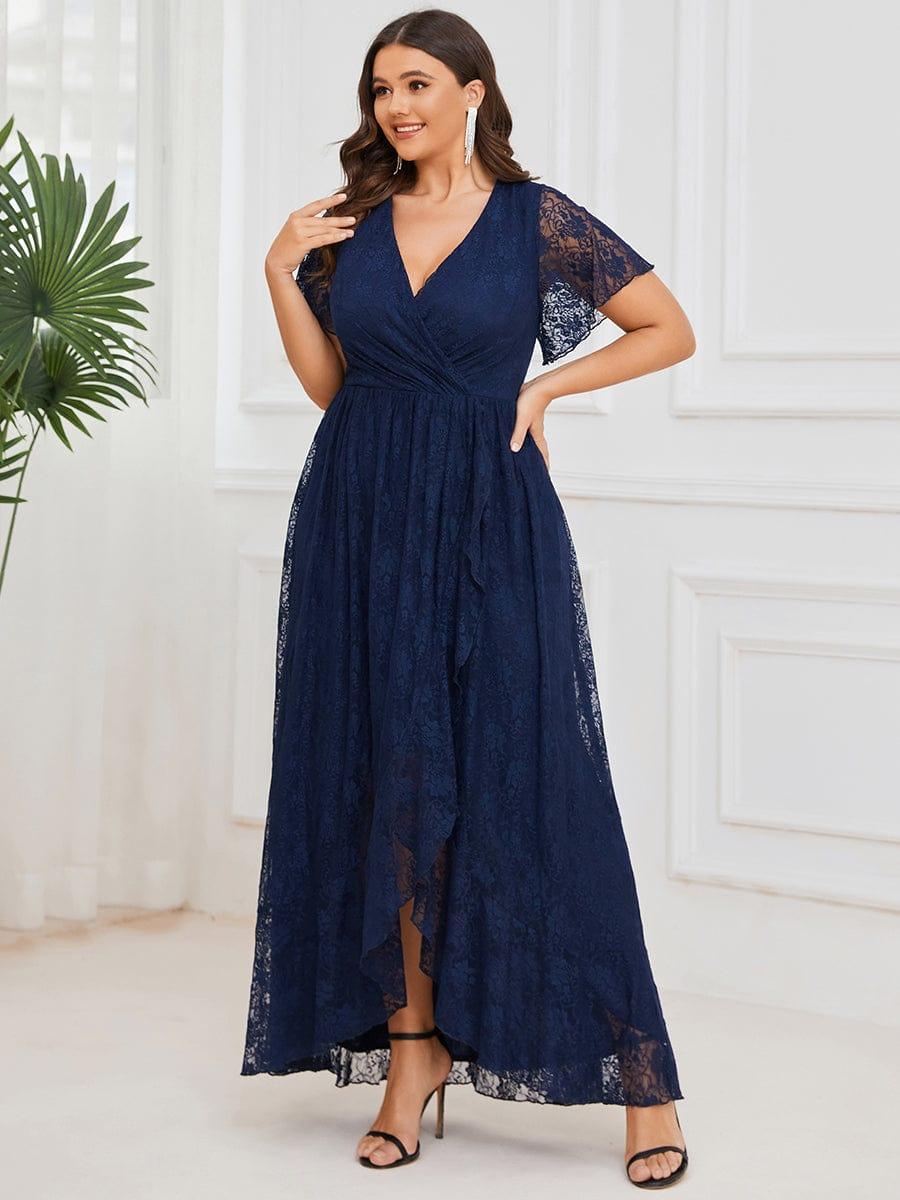 Cute Plus Size Ruffled V-Neck A-Line Lace Wedding Guest Dress with Short Sleeves