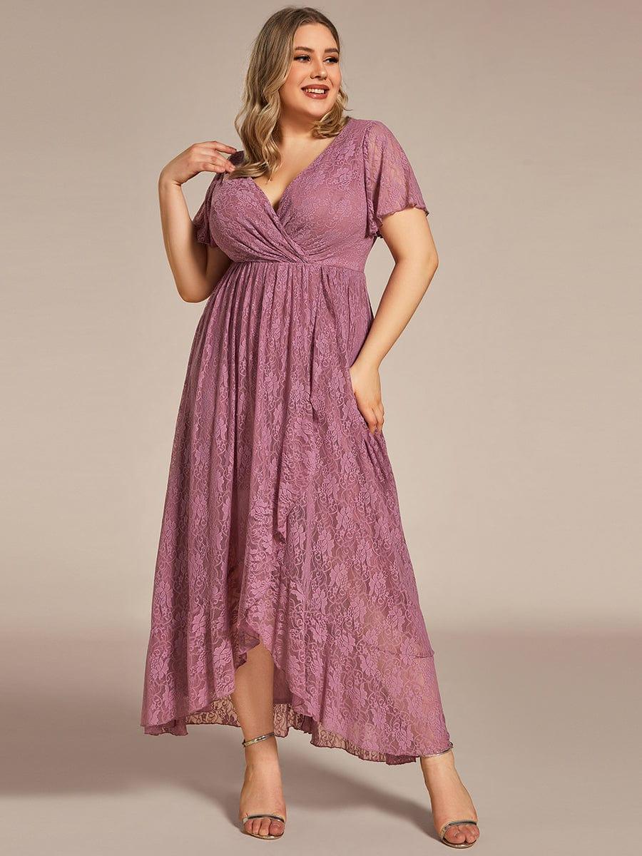 Cute Plus Size Ruffled V-Neck A-Line Lace Wedding Guest Dress with Short Sleeves