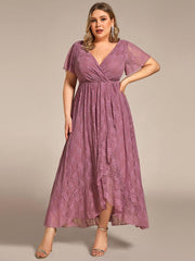 Cute Plus Size Ruffled V-Neck A-Line Lace Wedding Guest Dress with Short Sleeves