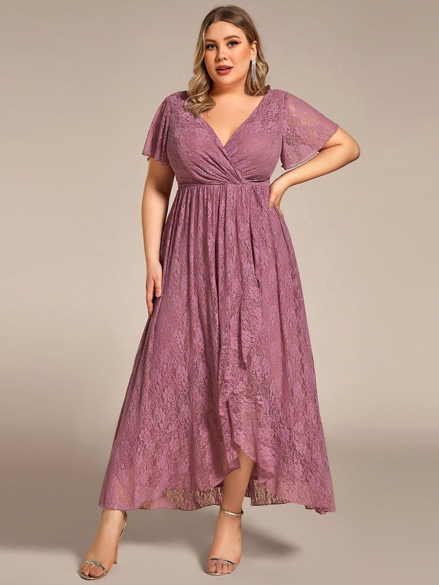 Cute Plus Size Ruffled V-Neck A-Line Lace Wedding Guest Dress with Short Sleeves