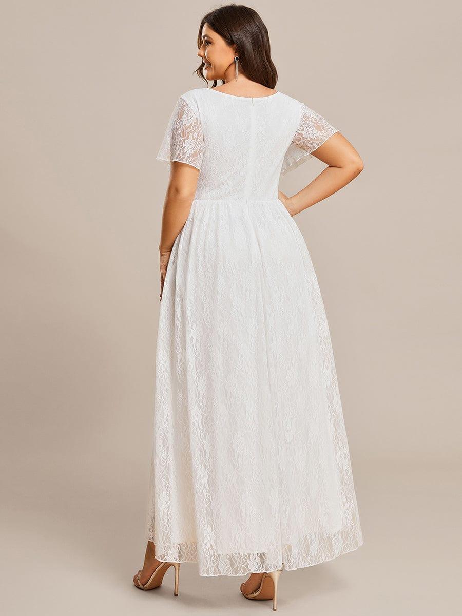 Cute Plus Size Ruffled V-Neck A-Line Lace Wedding Guest Dress with Short Sleeves