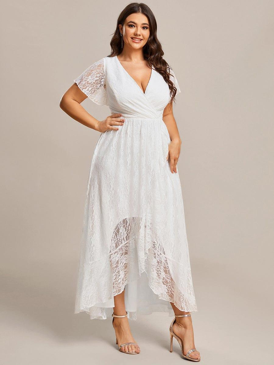 Cute Plus Size Ruffled V-Neck A-Line Lace Wedding Guest Dress with Short Sleeves