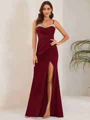 Fancy Spaghetti Straps Mermaid Evening Dress with High Slit