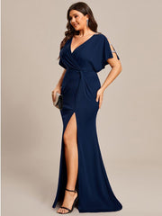 Fancy Plus Size Sequin Sleeves Mermaid Evening Dress with Slit