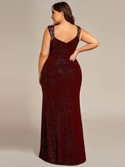 Glittery Plus Size V-Neck High Slit Sequin Straps Evening Dress