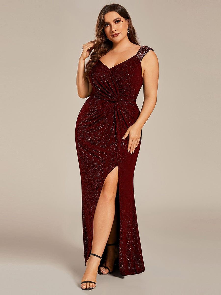 Glittery Plus Size V-Neck High Slit Sequin Straps Evening Dress