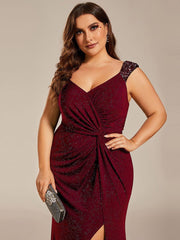 Glittery Plus Size V-Neck High Slit Sequin Straps Evening Dress