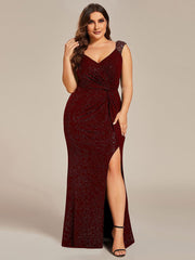 Glittery Plus Size V-Neck High Slit Sequin Straps Evening Dress