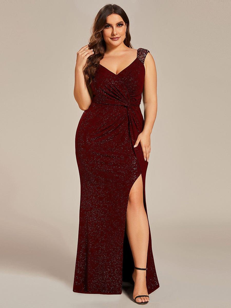 Glittery Plus Size V-Neck High Slit Sequin Straps Evening Dress