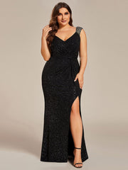 Glittery Plus Size V-Neck High Slit Sequin Straps Evening Dress