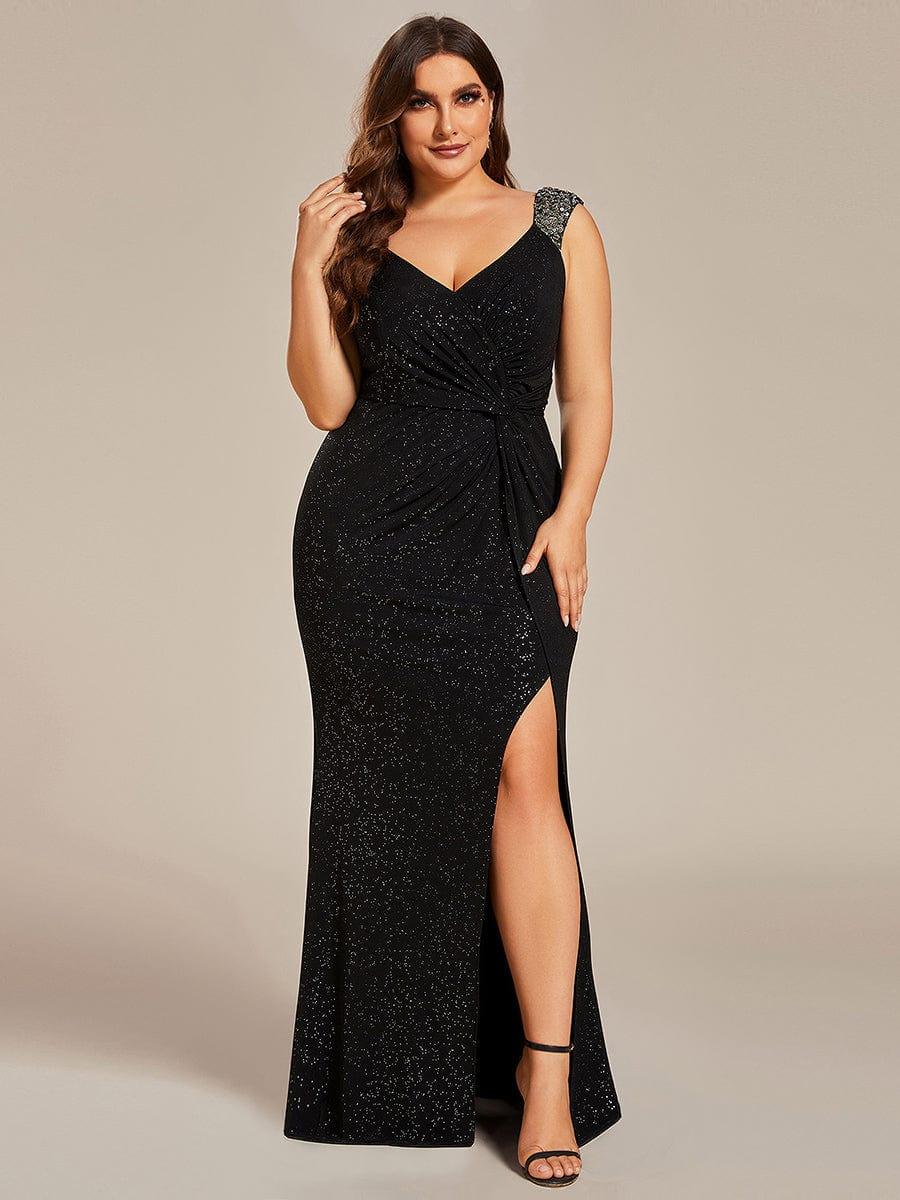 Glittery Plus Size V-Neck High Slit Sequin Straps Evening Dress