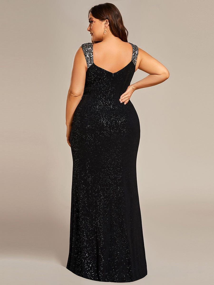Glittery Plus Size V-Neck High Slit Sequin Straps Evening Dress