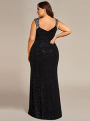 Glittery Plus Size V-Neck High Slit Sequin Straps Evening Dress