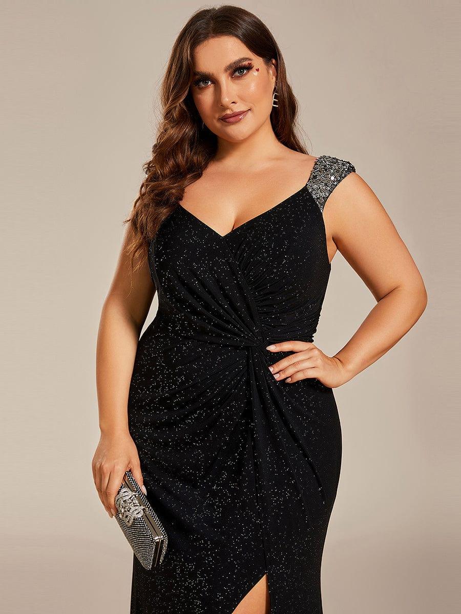 Glittery Plus Size V-Neck High Slit Sequin Straps Evening Dress