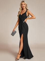 Charming Glitter V-Neck High Slit Sequin Straps Evening Dress