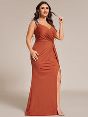 Glittery Plus Size V-Neck High Slit Sequin Straps Evening Dress