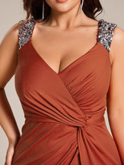 Glittery Plus Size V-Neck High Slit Sequin Straps Evening Dress