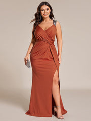 Glittery Plus Size V-Neck High Slit Sequin Straps Evening Dress
