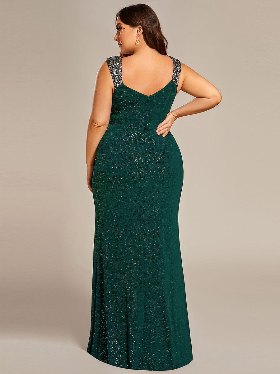 Glittery Plus Size V-Neck High Slit Sequin Straps Evening Dress