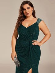 Glittery Plus Size V-Neck High Slit Sequin Straps Evening Dress