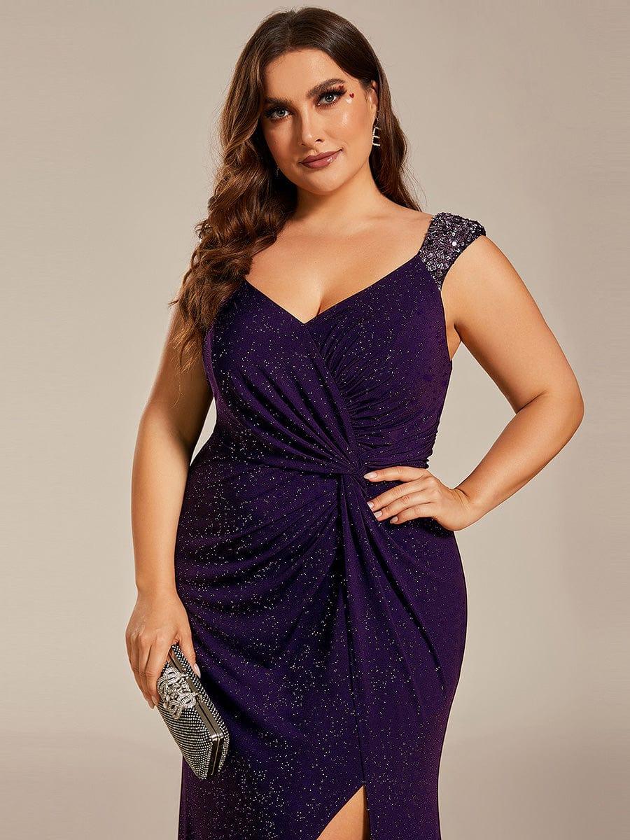 Glittery Plus Size V-Neck High Slit Sequin Straps Evening Dress