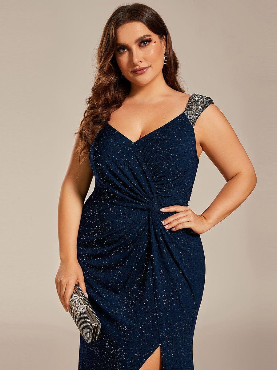 Glittery Plus Size V-Neck High Slit Sequin Straps Evening Dress
