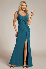 Beautiful V-Neck Mermaid V-Neck Sleeveless Evening Dress with Slit