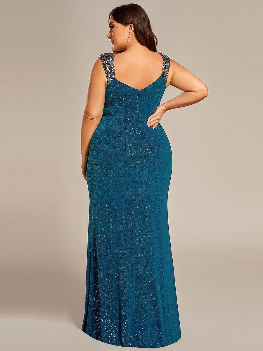 Glittery Plus Size V-Neck High Slit Sequin Straps Evening Dress