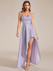 Shiny Hi-Lo Sequin V-Neck Backless Evening Dress with Spaghetti Straps