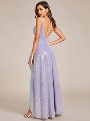 Shiny Hi-Lo Sequin V-Neck Backless Evening Dress with Spaghetti Straps