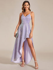 Shiny Hi-Lo Sequin V-Neck Backless Evening Dress with Spaghetti Straps
