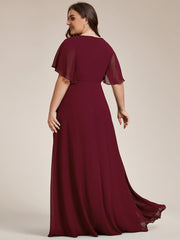 Stylish Plus Size V-Neck Appliques Chiffon Formal Evening Dress with Short Sleeves