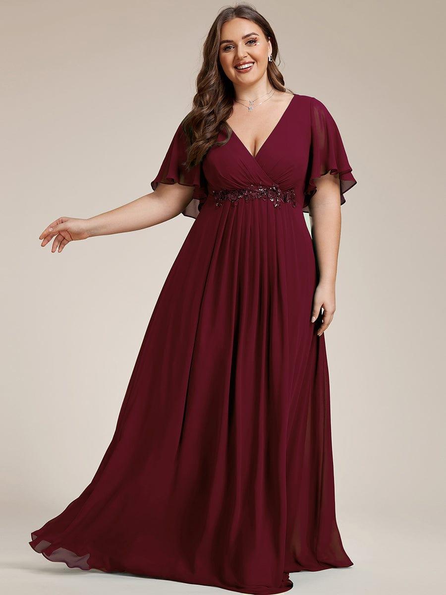 Stylish Plus Size V-Neck Appliques Chiffon Formal Evening Dress with Short Sleeves