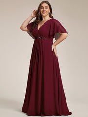Stylish Plus Size V-Neck Appliques Chiffon Formal Evening Dress with Short Sleeves