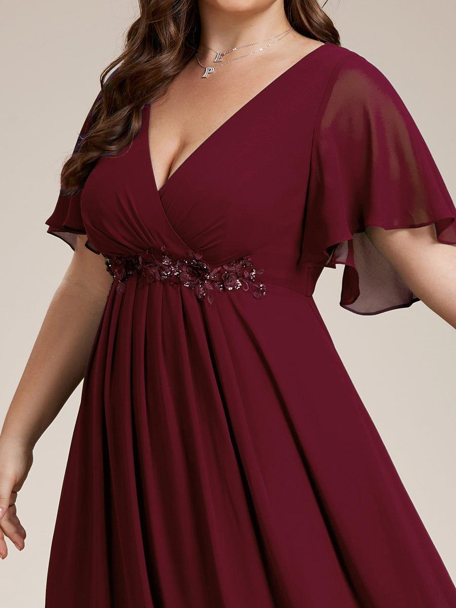 Stylish Plus Size V-Neck Appliques Chiffon Formal Evening Dress with Short Sleeves