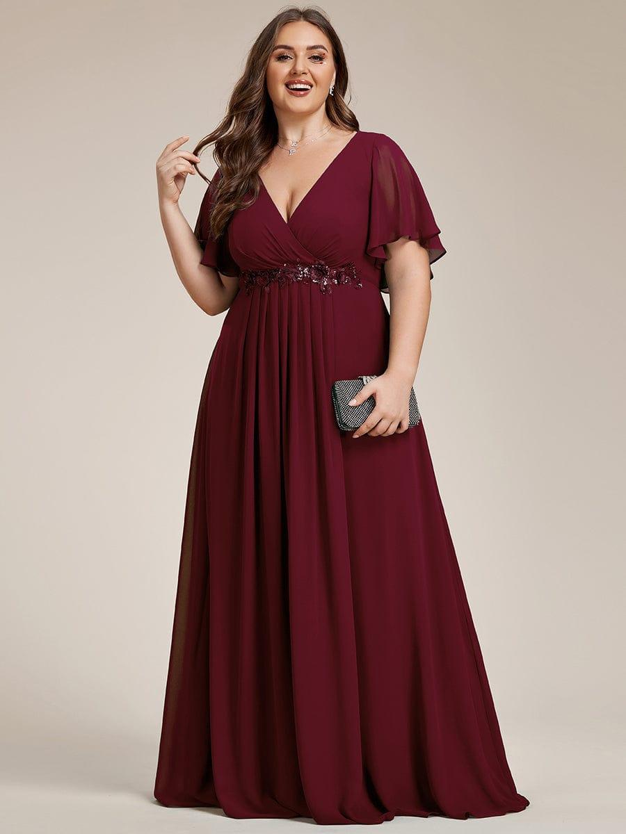 Stylish Plus Size V-Neck Appliques Chiffon Formal Evening Dress with Short Sleeves
