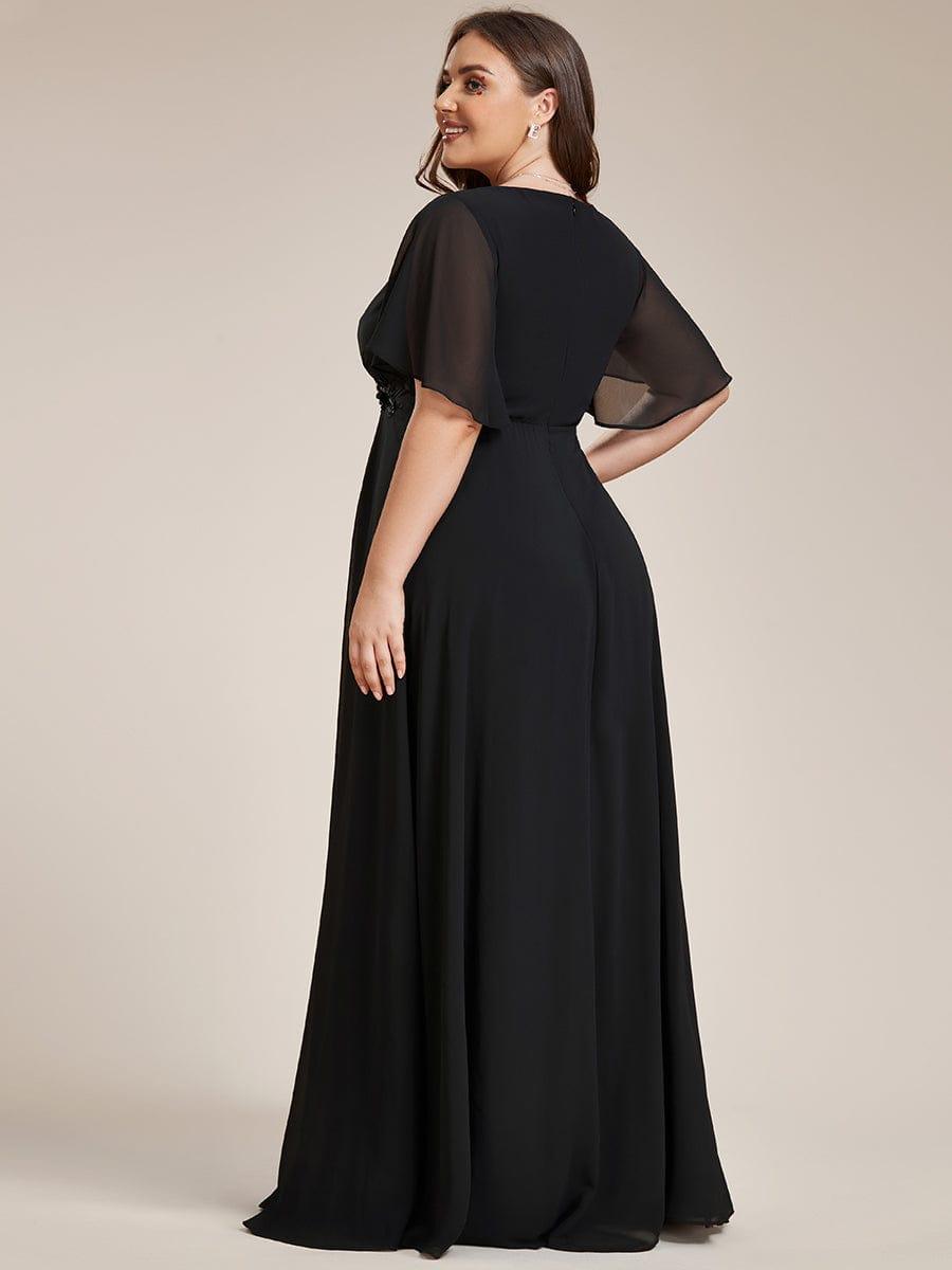 Stylish Plus Size V-Neck Appliques Chiffon Formal Evening Dress with Short Sleeves