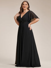 Stylish Plus Size V-Neck Appliques Chiffon Formal Evening Dress with Short Sleeves