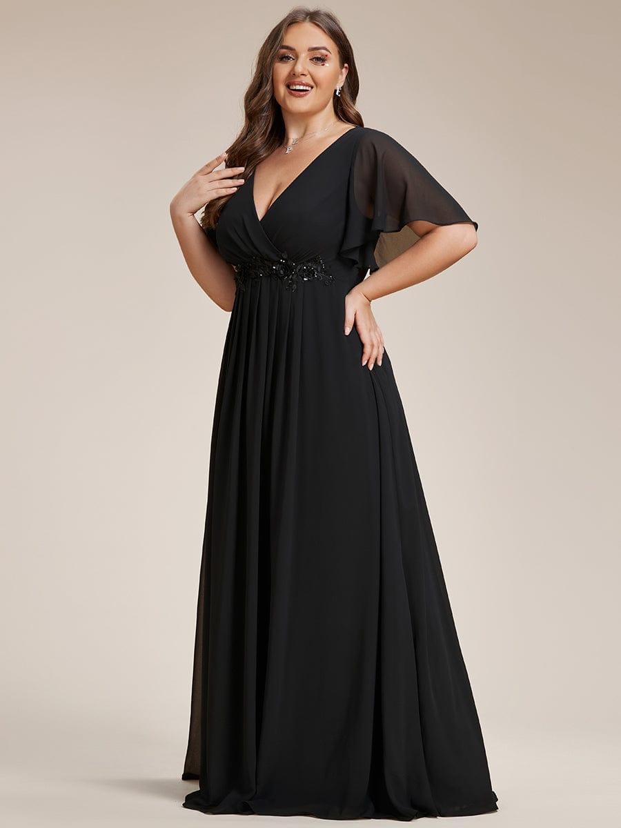 Stylish Plus Size V-Neck Appliques Chiffon Formal Evening Dress with Short Sleeves