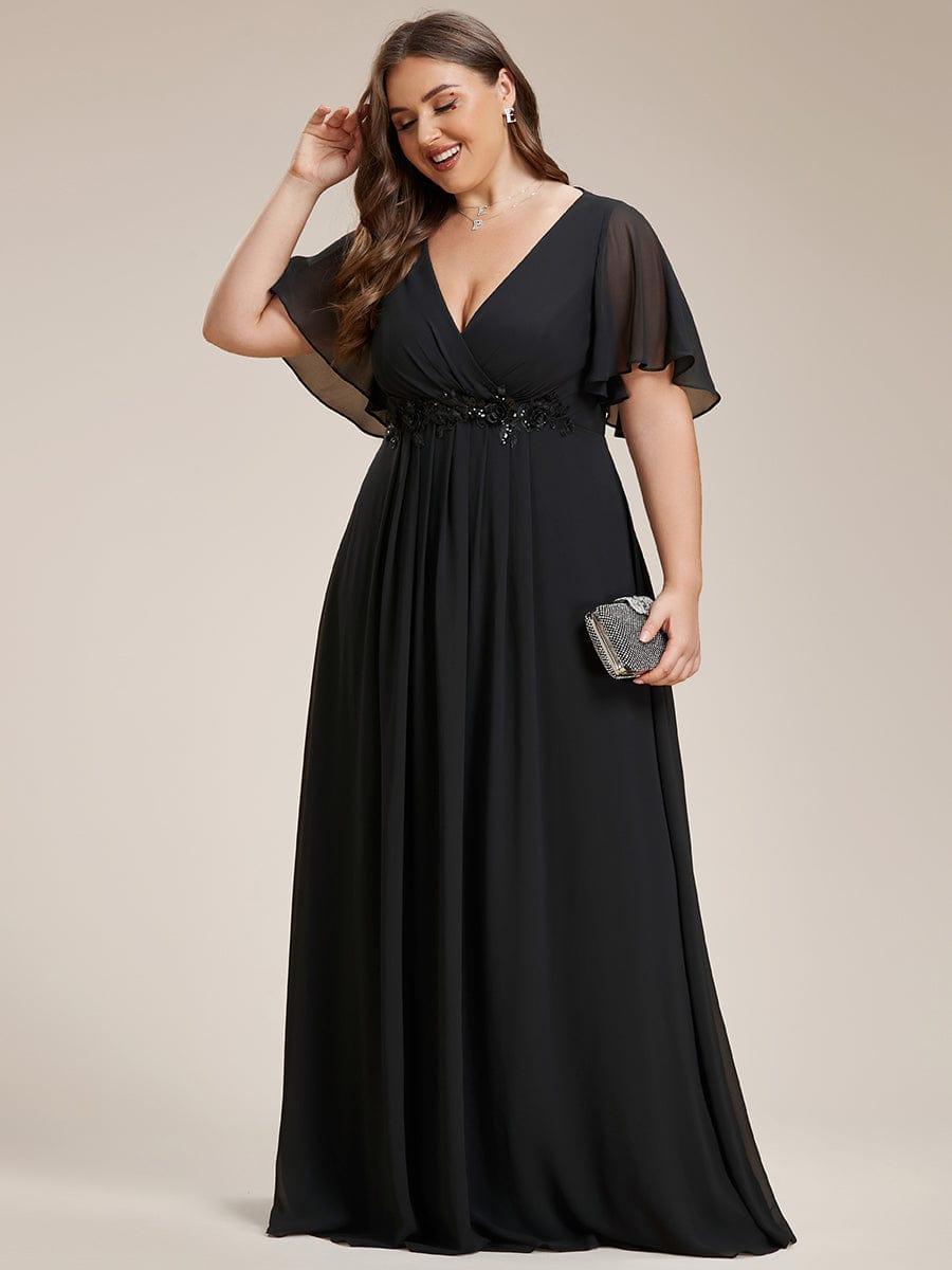 Stylish Plus Size V-Neck Appliques Chiffon Formal Evening Dress with Short Sleeves