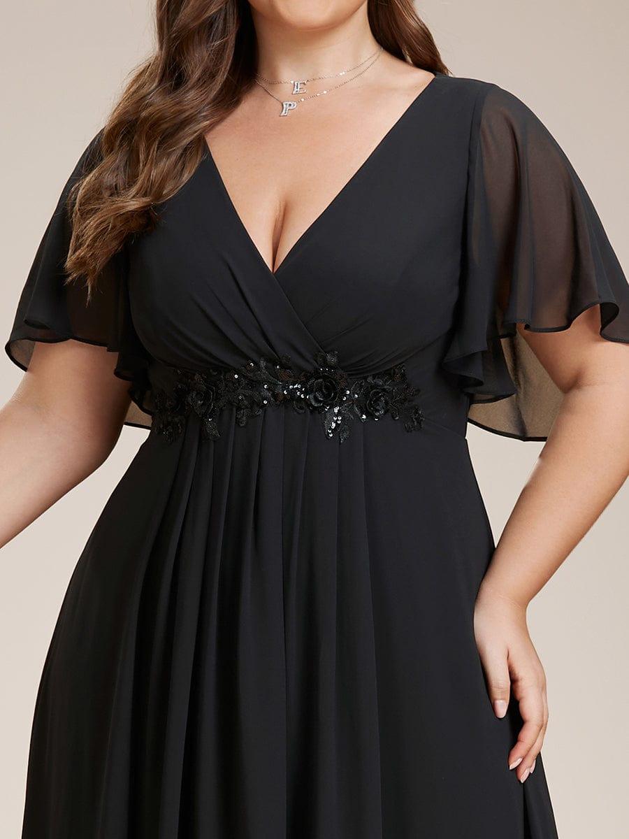 Stylish Plus Size V-Neck Appliques Chiffon Formal Evening Dress with Short Sleeves
