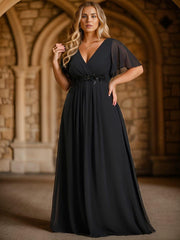 Stylish Plus Size V-Neck Appliques Chiffon Formal Evening Dress with Short Sleeves