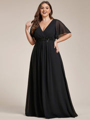 Stylish Plus Size V-Neck Appliques Chiffon Formal Evening Dress with Short Sleeves